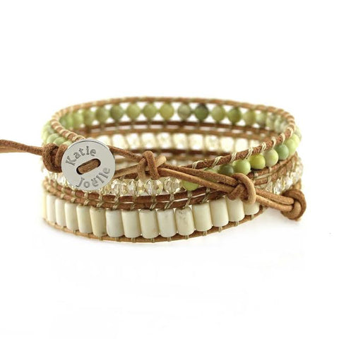 Image of Butter Jade, White Turquoise and Crystals on Natural Leather Wrap Bracelet