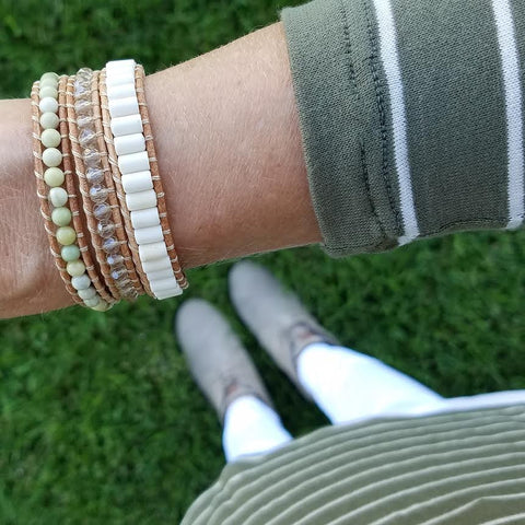 Image of Butter Jade, White Turquoise and Crystals on Natural Leather Wrap Bracelet