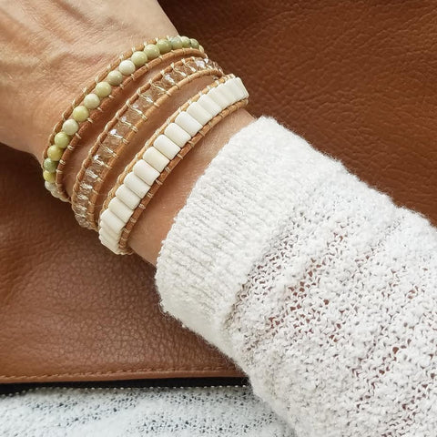 Image of Butter Jade, White Turquoise and Crystals on Natural Leather Wrap Bracelet