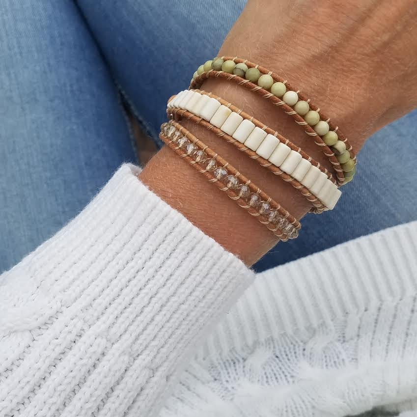 Butter Jade, White Turquoise and Crystals on Natural Leather Wrap Bracelet