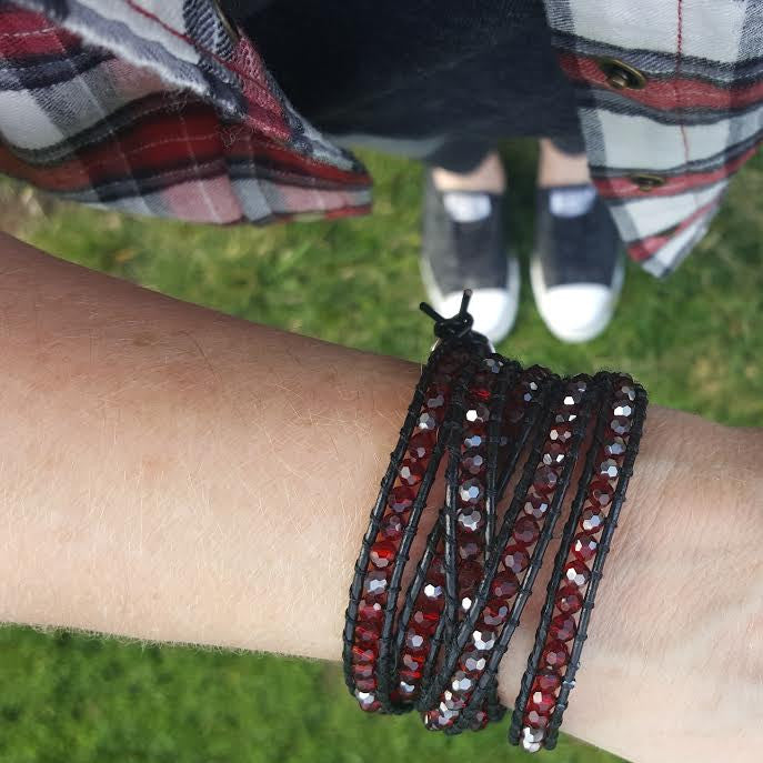 Red Crystals on Black Leather Wrap Bracelet