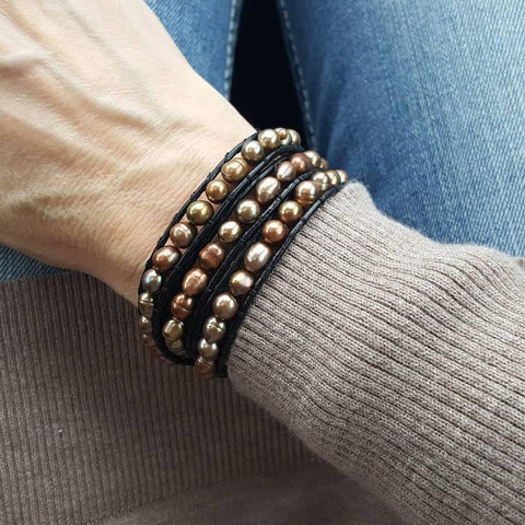 Image of Bronze Freshwater Pearls on Black Leather Wrap Bracelet