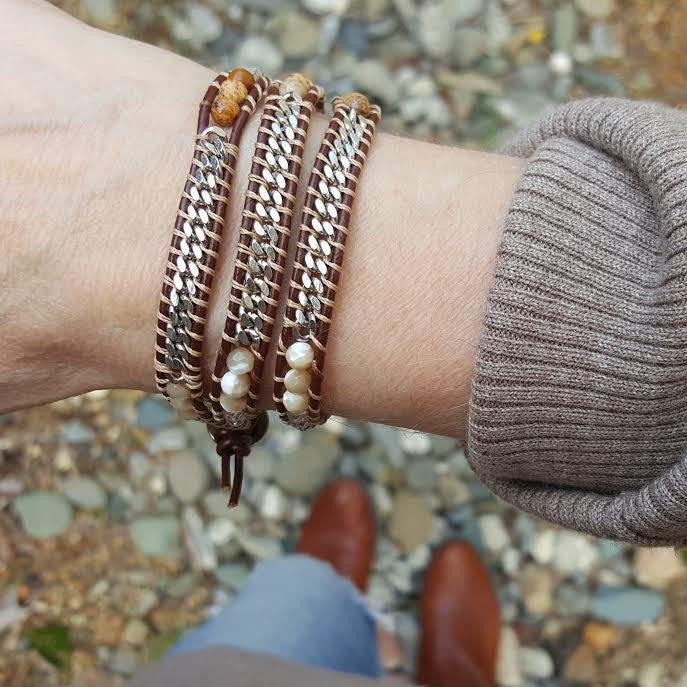 Shell, Crystal, and Stone with Silver Chain on Brown Leather Wrap Bracelet