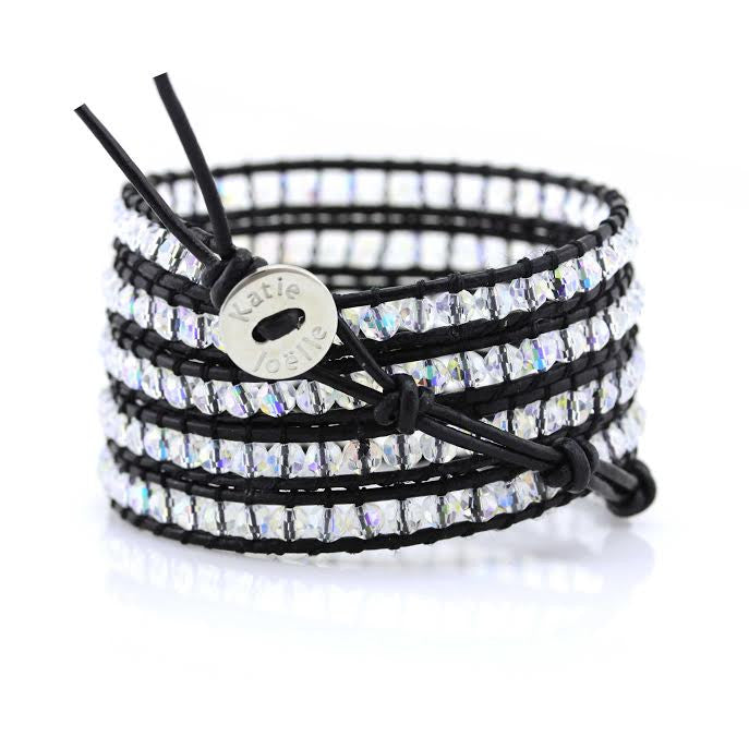 Clear Crystals on Black Leather Wrap Bracelet