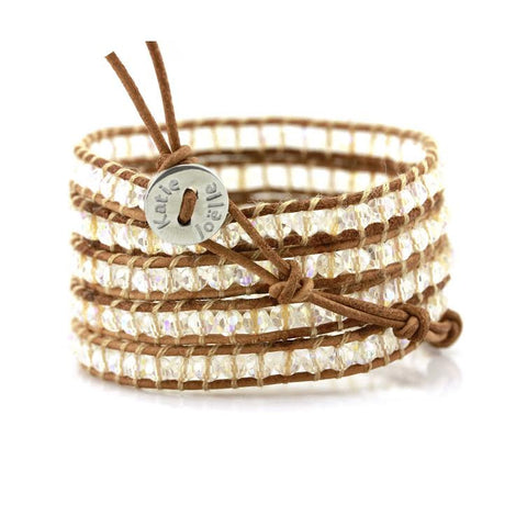 Image of Clear Crystals on Natural Leather Wrap Bracelet
