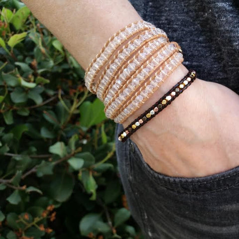 Image of Clear Crystals on Natural Leather Wrap Bracelet