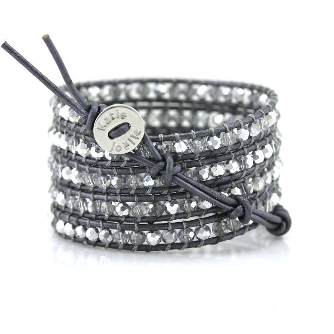 Clear and Silver Crystals on Metallic Grey Leather Wrap Bracelet