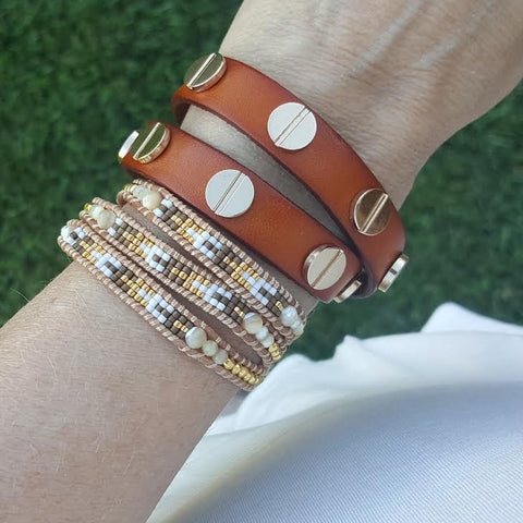 Image of Gold Studded Cognac Leather Double Wrap Bracelet