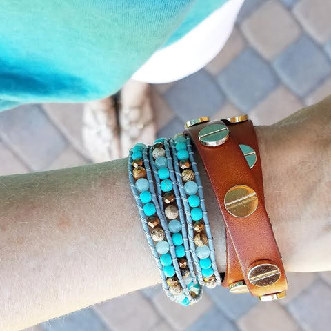 Image of Gold Studded Cognac Leather Double Wrap Bracelet