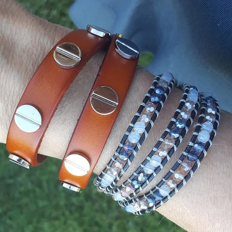 Image of Silver Studded Cognac Leather Double Wrap Bracelet