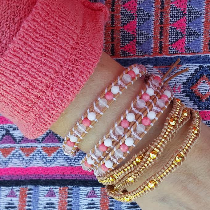 Coral Mix on Natural Leather Wrap Bracelet