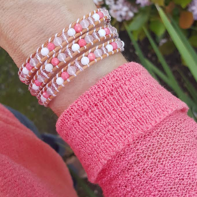 Coral Mix on Natural Leather Wrap Bracelet