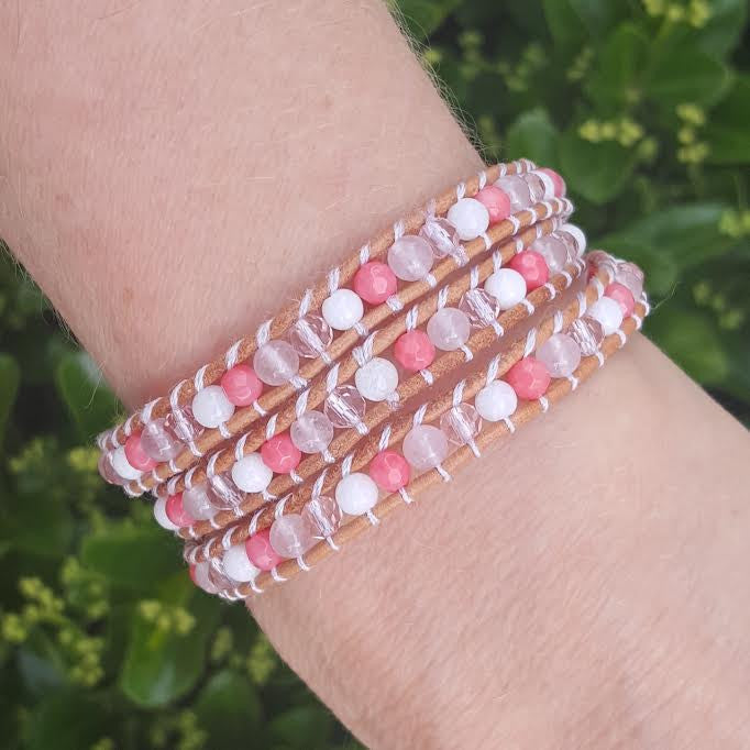 Coral Mix on Natural Leather Wrap Bracelet