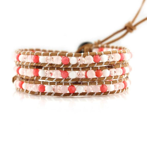 Image of Coral Mix on Natural Leather Wrap Bracelet