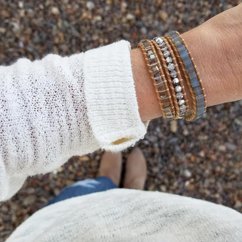 Crystals and Agate Cubed Stone on Natural Leather Wrap Bracelet