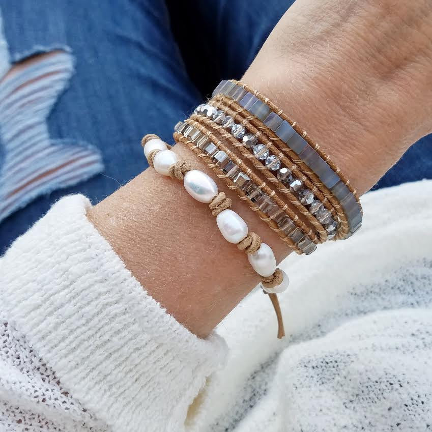 Freshwater Pearls on Natural Single Leather Wrap Bracelet