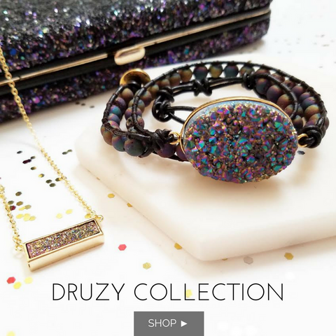 Image of Rainbow Druzy and Rainbow Druzy Beads Double Wrap Bracelet on Dark Brown Leather