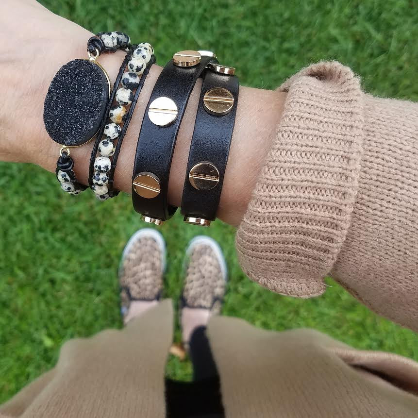 Black Druzy and Dalmatian Jasper Double Wrap Bracelet on Black Leather
