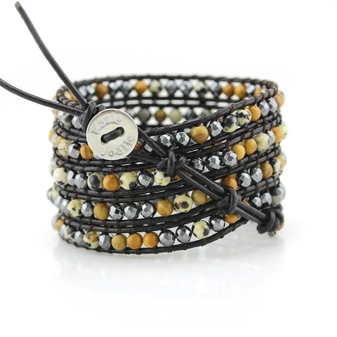 Image of Dalmatian Jasper, Wood Jasper and Hematite on Dark Brown Leather Wrap Bracelet