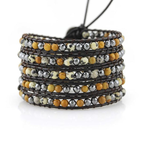 Image of Dalmatian Jasper, Wood Jasper and Hematite on Dark Brown Leather Wrap Bracelet