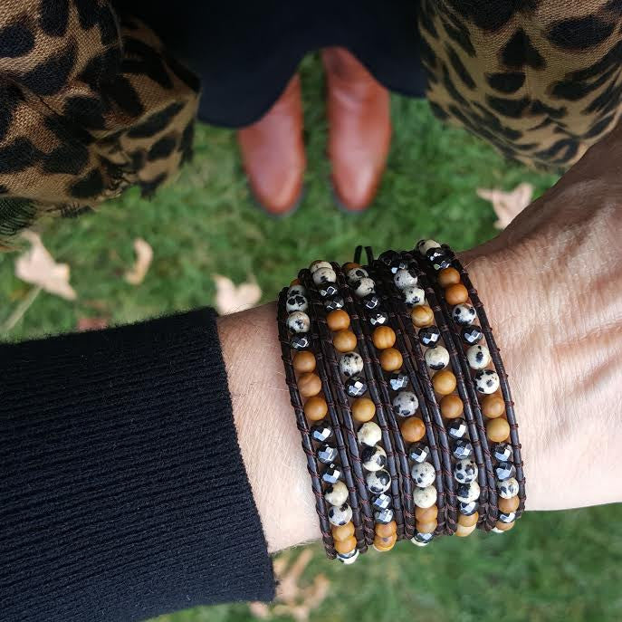 Dalmatian Jasper, Wood Jasper and Hematite on Dark Brown Leather Wrap Bracelet