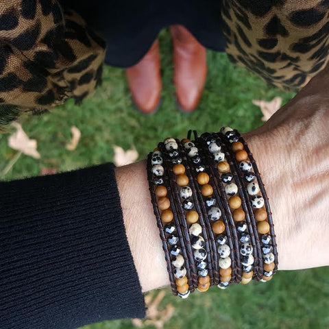 Image of Dalmatian Jasper, Wood Jasper and Hematite on Dark Brown Leather Wrap Bracelet