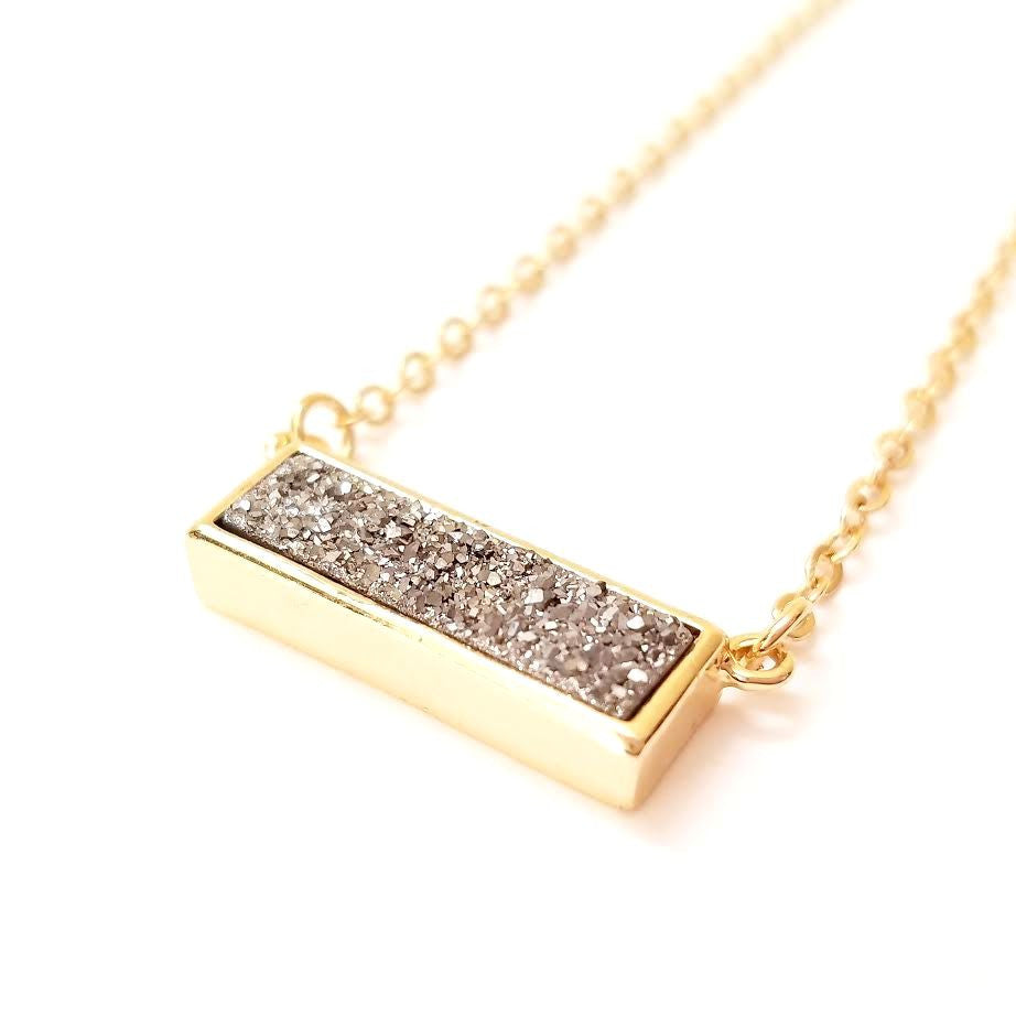 Druzy Bar Pendant Necklace in Platinum Silver