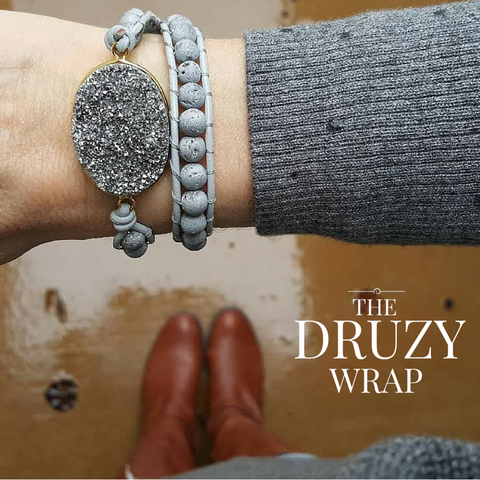 Image of Silver Druzy and Silver Druzy Beads Double Wrap Bracelet on Grey Leather