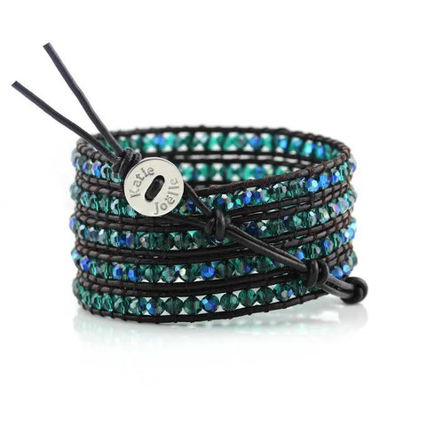 Image of Emerald AB Crystals on Dark Brown Leather Wrap Bracelet