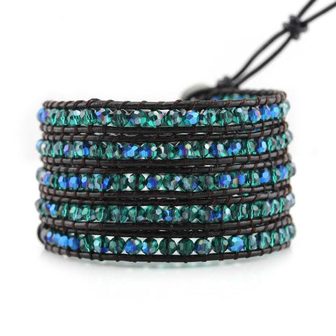 Image of Emerald AB Crystals on Dark Brown Leather Wrap Bracelet