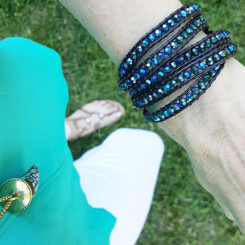 Image of Emerald AB Crystals on Dark Brown Leather Wrap Bracelet