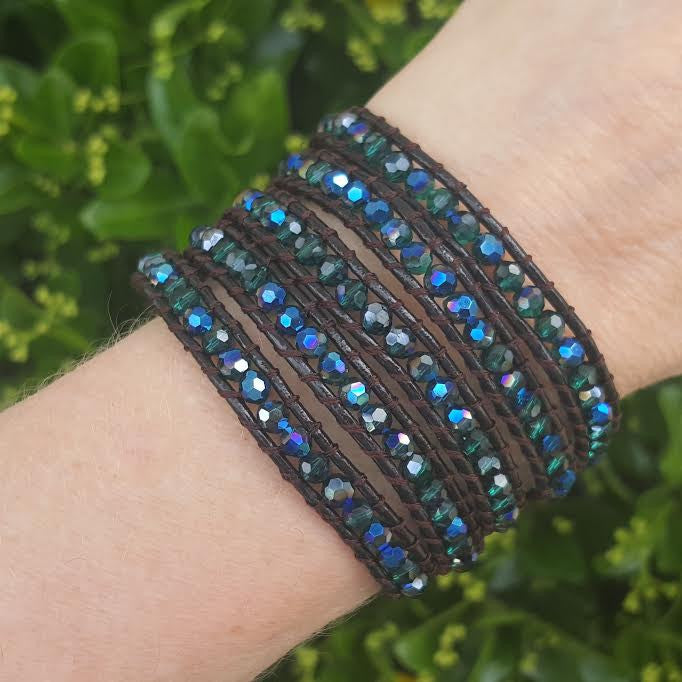 Emerald AB Crystals on Dark Brown Leather Wrap Bracelet