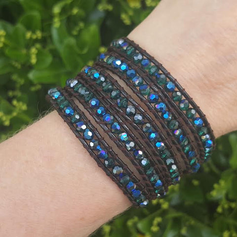 Image of Emerald AB Crystals on Dark Brown Leather Wrap Bracelet