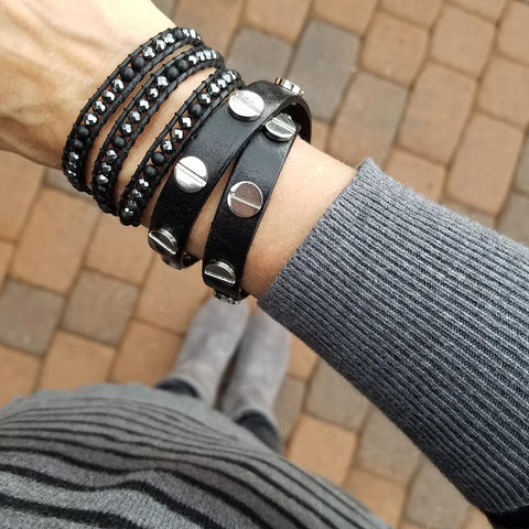 Image of Silver Studded Black Leather Double Wrap Bracelet