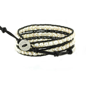 Freshwater Pearls on Black Leather Wrap Bracelet