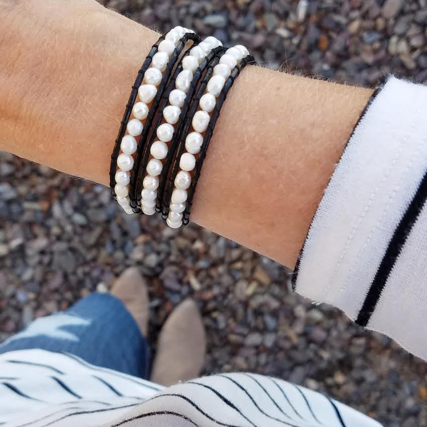 Freshwater Pearls on Black Leather Wrap Bracelet