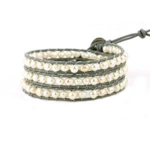 Freshwater Pearls on Gray Leather Wrap Bracelet