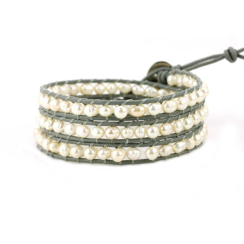 Image of Freshwater Pearls on Gray Leather Wrap Bracelet