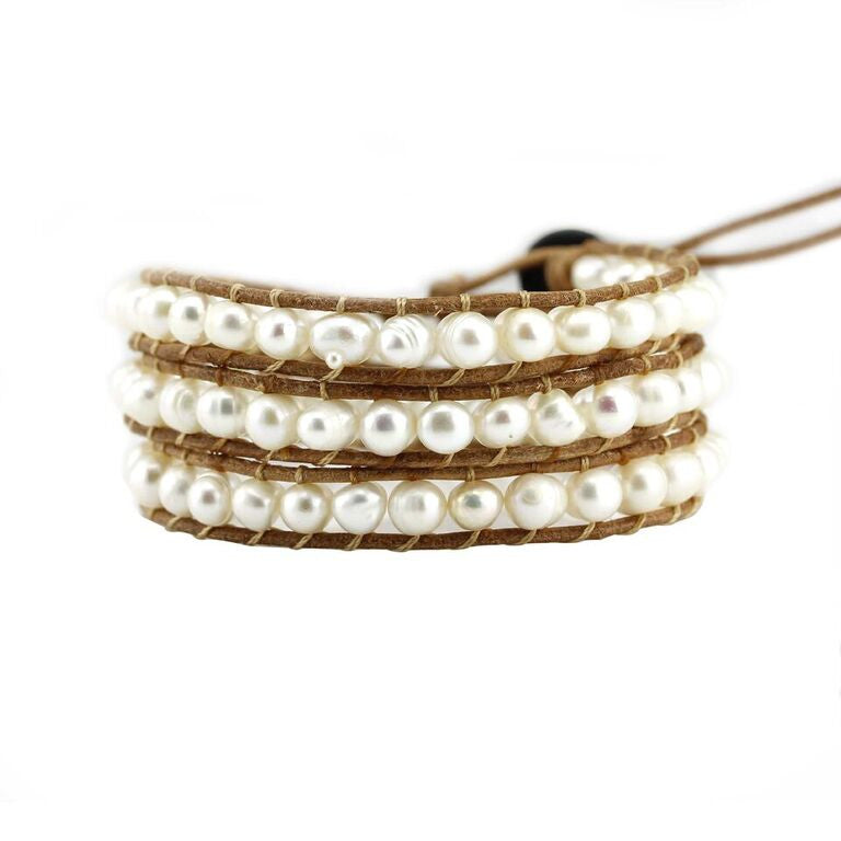 Freshwater Pearls on Natural Leather Wrap Bracelet