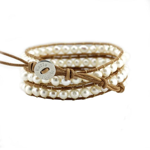 Image of Freshwater Pearls on Natural Leather Wrap Bracelet
