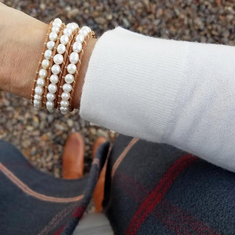 Image of Freshwater Pearls on Natural Leather Wrap Bracelet