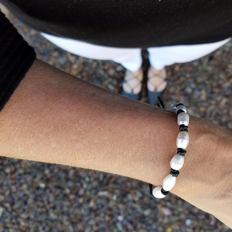 Image of Freshwater Pearls on Black Single Leather Wrap Bracelet
