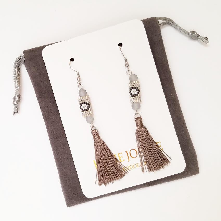 Gray and Silver Miyuki Tassel Earrings
