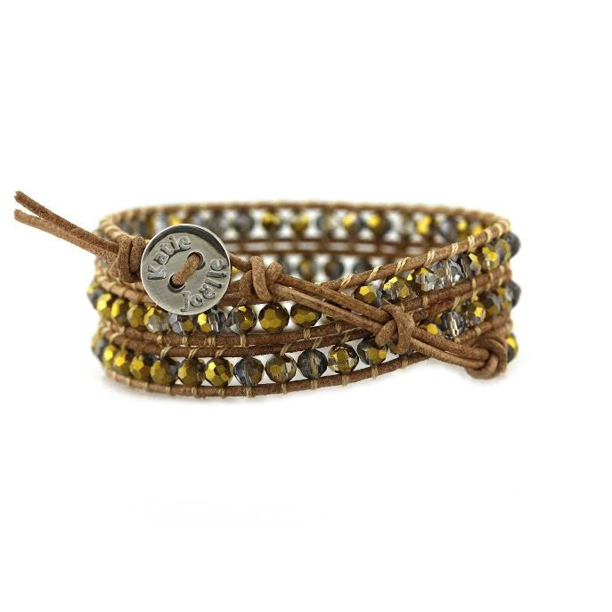 Gold Dorado Crystals on Natural Leather Wrap Bracelet