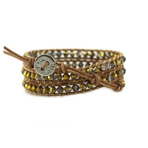 Image of Gold Dorado Crystals on Natural Leather Wrap Bracelet