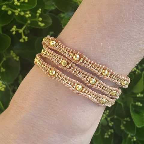 Image of Gold Scalloped Miyuki Glass Sead Beads on Natural Leather Wrap Bracelet