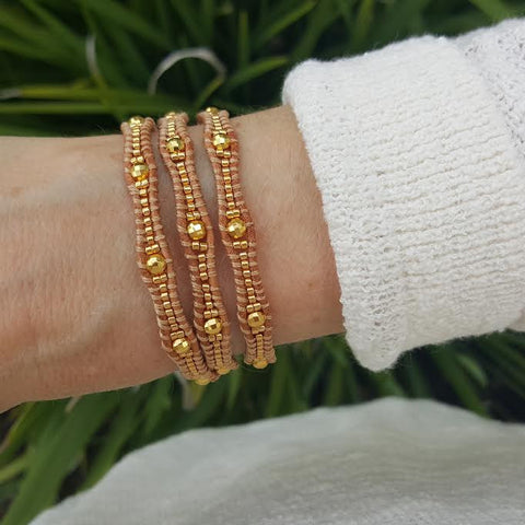 Image of Gold Scalloped Miyuki Glass Sead Beads on Natural Leather Wrap Bracelet