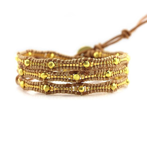 Image of Gold Scalloped Miyuki Glass Sead Beads on Natural Leather Wrap Bracelet