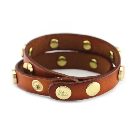 Image of Gold Studded Cognac Leather Double Wrap Bracelet