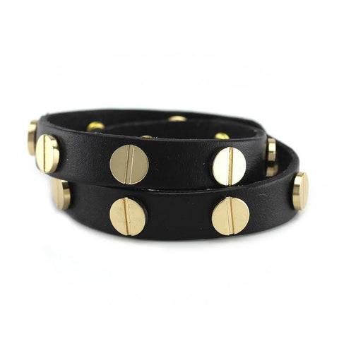 Image of Gold Studded Black Leather Double Wrap Bracelet
